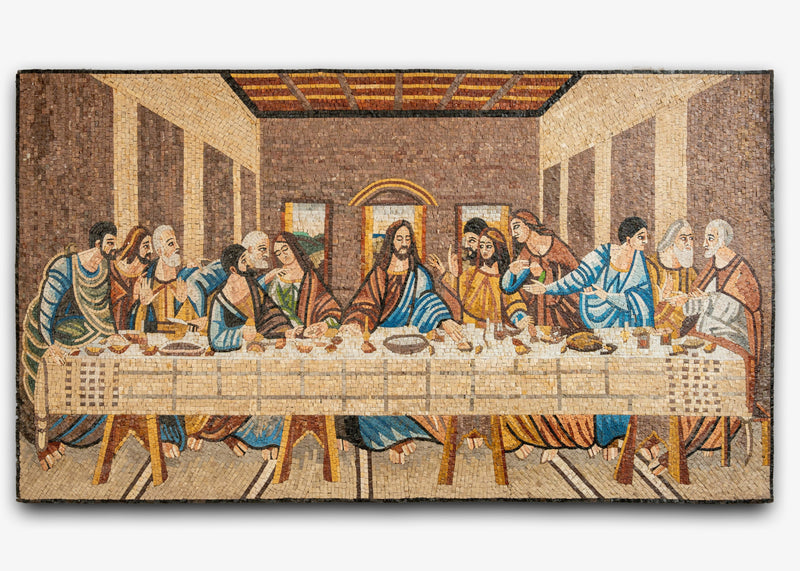 Intricate mosaic art depicting the Last Supper, featuring vibrant colors and detailed expressions of the figures around the table.