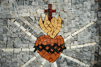 Intricate mosaic artwork featuring a heart with flames and a cross, crafted from colorful stone tiles in a radiant layout