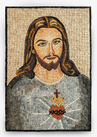 Intricate mosaic artwork depicting a serene figure with flowing hair and a heart symbol on a textured background.