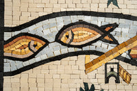 Artistic mosaic featuring intricate fish designs in warm hues of brown and gold — a stunning decorative tile work.