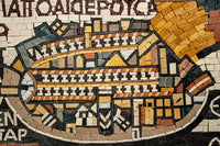 Intricate mosaic artwork featuring a detailed architectural design in warm earth tones and vibrant accents, showcasing craftsmanship.