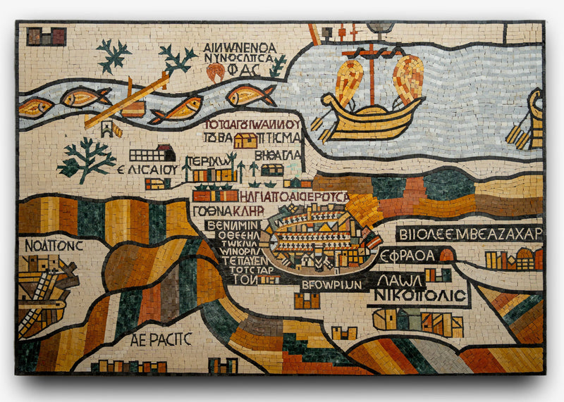 Intricate mosaic artwork featuring a vibrant landscape with boats and buildings — a rich tapestry of colors and textures.