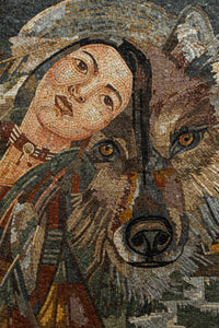 Intricate mosaic artwork featuring a woman and a wolf with detailed textures and earthy tones creating a captivating scene
