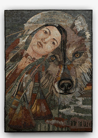 Intricate mosaic artwork featuring a woman's face blended with a wolf's visage — earthy tones and textured tiles create depth.