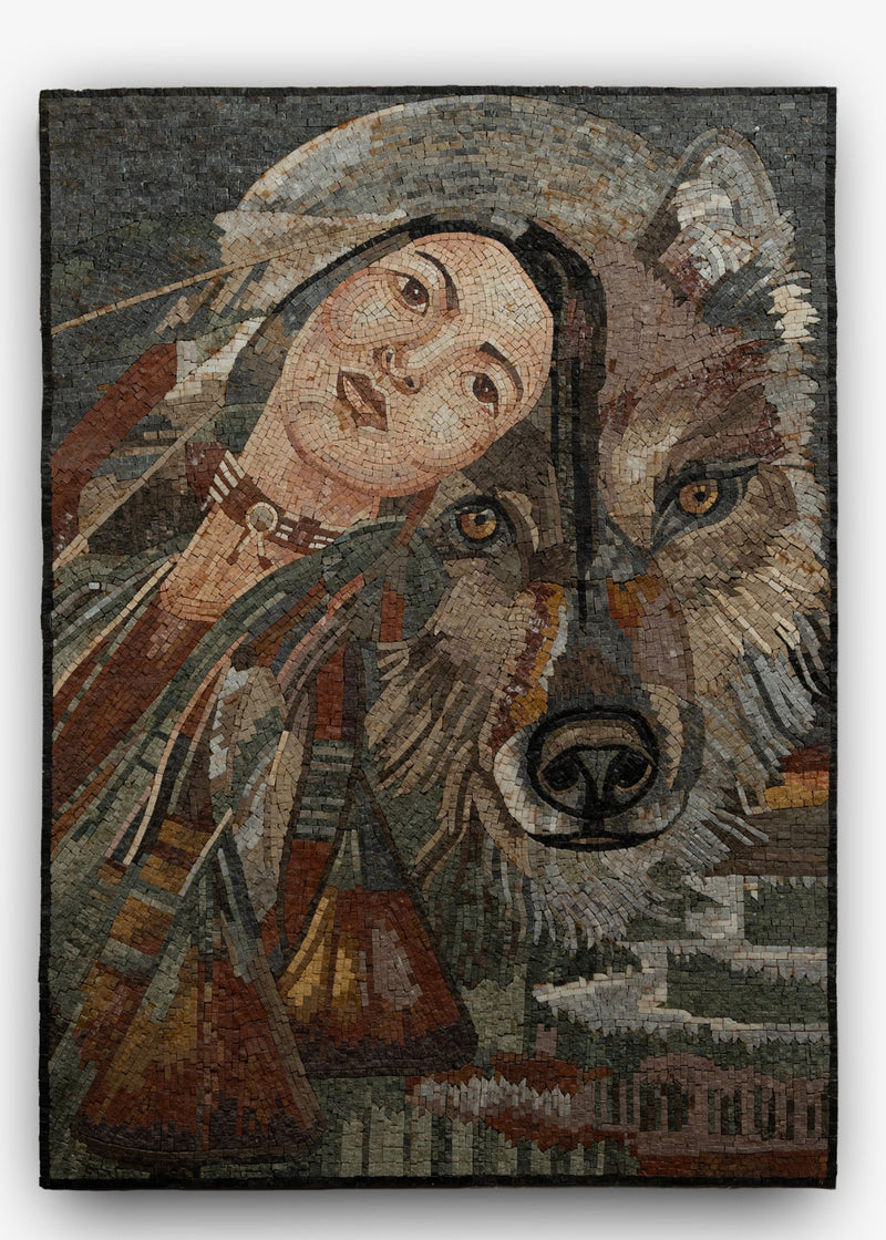 Intricate mosaic artwork featuring a woman's face blended with a wolf's visage — earthy tones and textured tiles create depth.