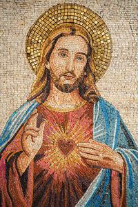 Intricate mosaic artwork depicting a serene figure with flowing hair, vibrant hues of blue and gold enhancing the sacred heart.