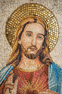 Intricate mosaic artwork depicting Jesus Christ with a radiant golden halo and vibrant colors showcasing detailed craftsmanship