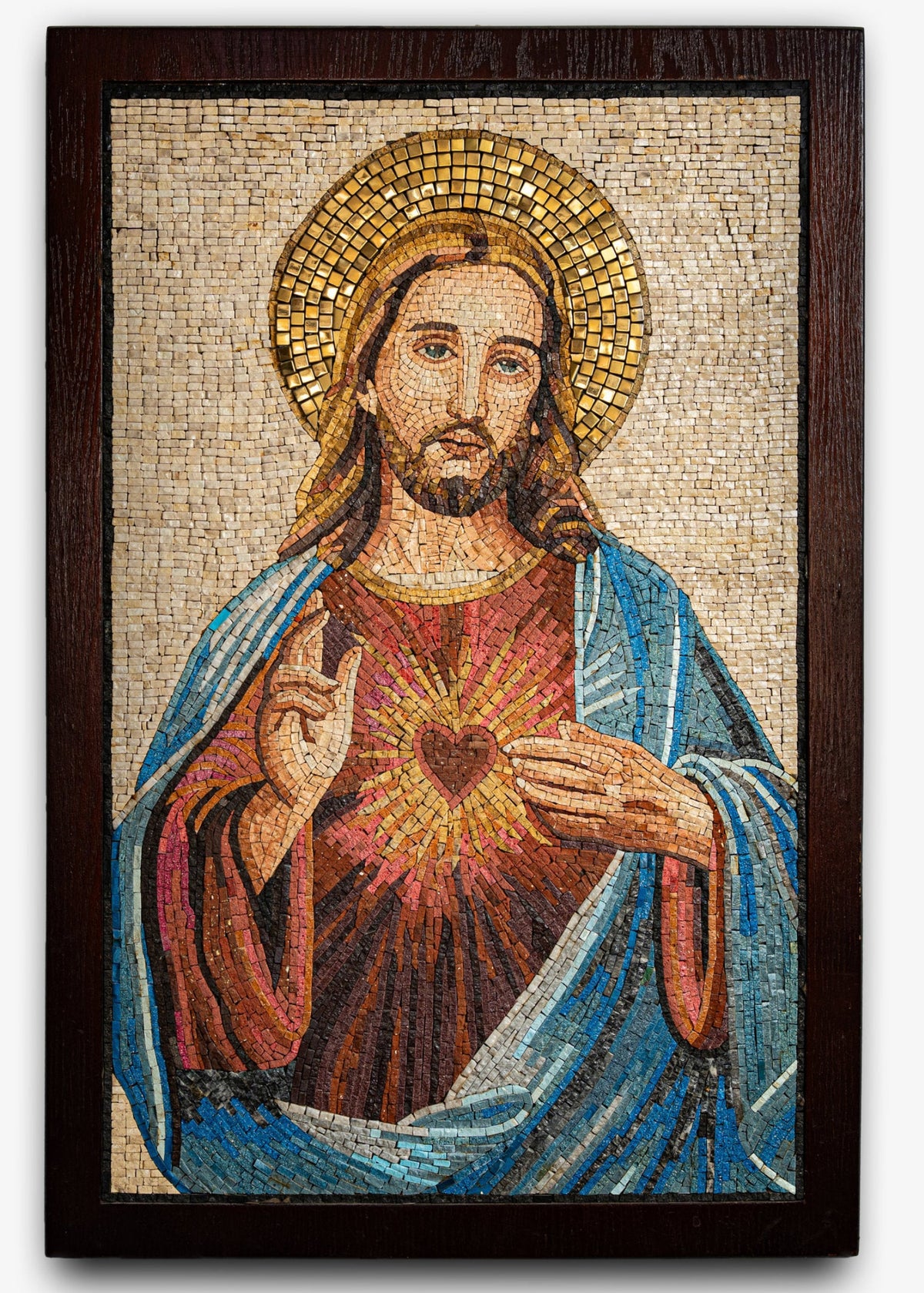 Religious mosaic artwork depicting Jesus Christ with a radiant heart, framed in dark wood for a classic finish