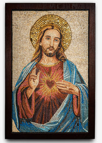 Religious mosaic artwork depicting Jesus Christ with a radiant heart, framed in dark wood for a classic finish