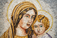 Intricate mosaic artwork depicting a mother and child, featuring earthy tones and detailed facial expressions.