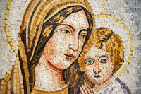 Intricate mosaic artwork featuring a serene depiction of a woman and child with vibrant earthy tones and detailed textures.