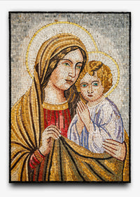 Intricate mosaic artwork depicting a mother holding a child, featuring warm earth tones and detailed facial expressions.
