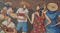 Vibrant mosaic artwork depicting musicians and dancers in colorful attire — showcasing lively cultural celebration and craftsmanship.