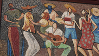 Vibrant mosaic art depicting musicians and dancers in colorful attire, showcasing lively cultural celebration and rhythm.