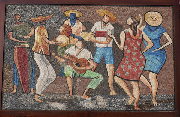 Vibrant mosaic artwork depicting a lively gathering of musicians and dancers in colorful attire, showcasing cultural celebration.