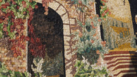 Intricate mosaic artwork featuring a blend of earthy tones and textured tiles—capturing a natural scene with vibrant foliage.
