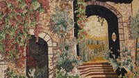 Intricate mosaic wall art featuring vibrant foliage in earthy tones — a stunning depiction of a rustic archway setting.