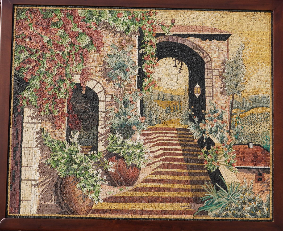 Intricate tapestry wall art depicting a scenic garden pathway with vibrant floral details and a rustic archway.