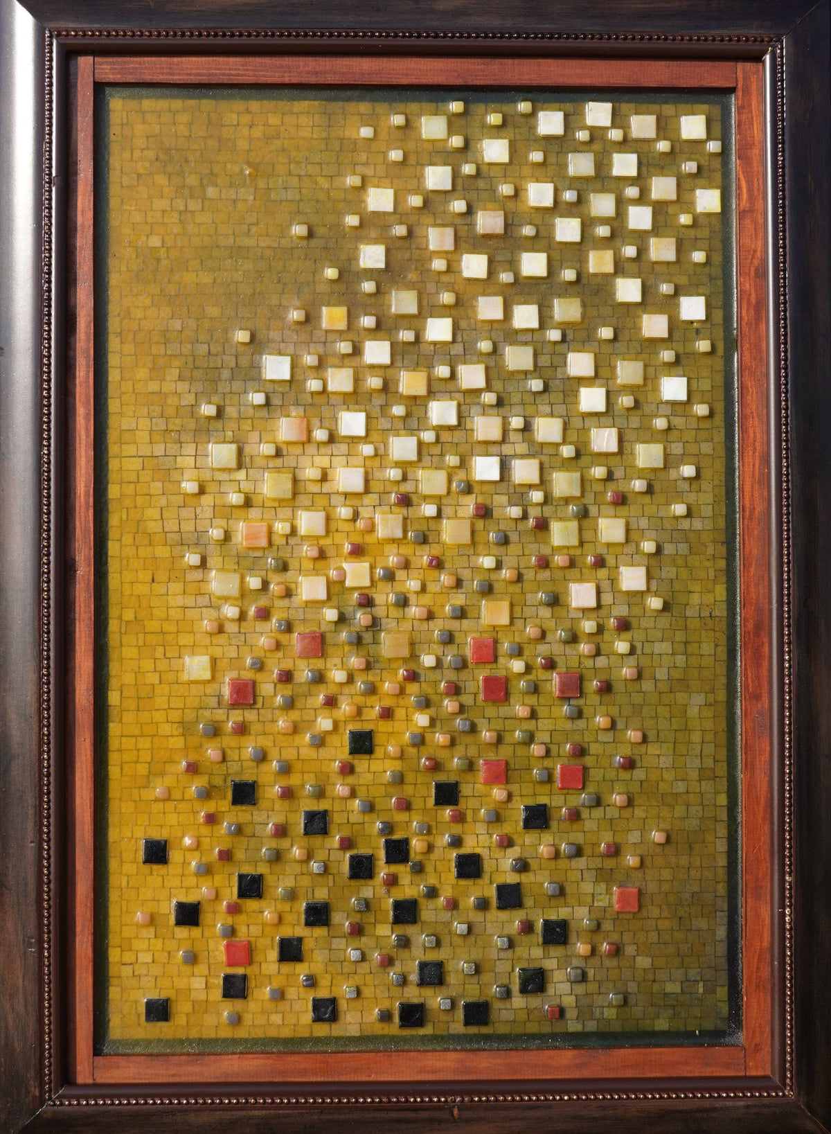 Textured abstract wall art featuring a mosaic of gold, black, and red squares against a warm yellow background