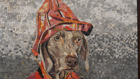 Intricate mosaic artwork featuring a dog wearing a red hat, showcasing detailed textures and vibrant colors.