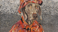 Intricate mosaic of a dog wearing a vibrant red raincoat — detailed craftsmanship showcasing colorful tiles.