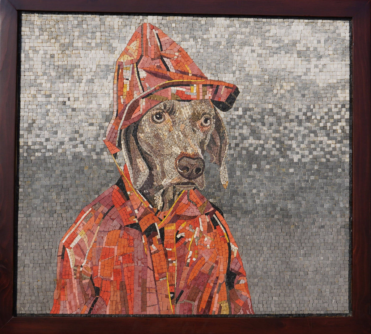 Artistic mosaic of a dog wearing a red raincoat, showcasing intricate tile details and vibrant colors against a textured background.