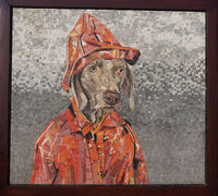 Artistic mosaic of a dog wearing a red raincoat, showcasing intricate tile details and vibrant colors against a textured background.