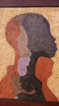 Intricate mosaic artwork featuring layered silhouettes in earthy tones — a captivating blend of texture and form.