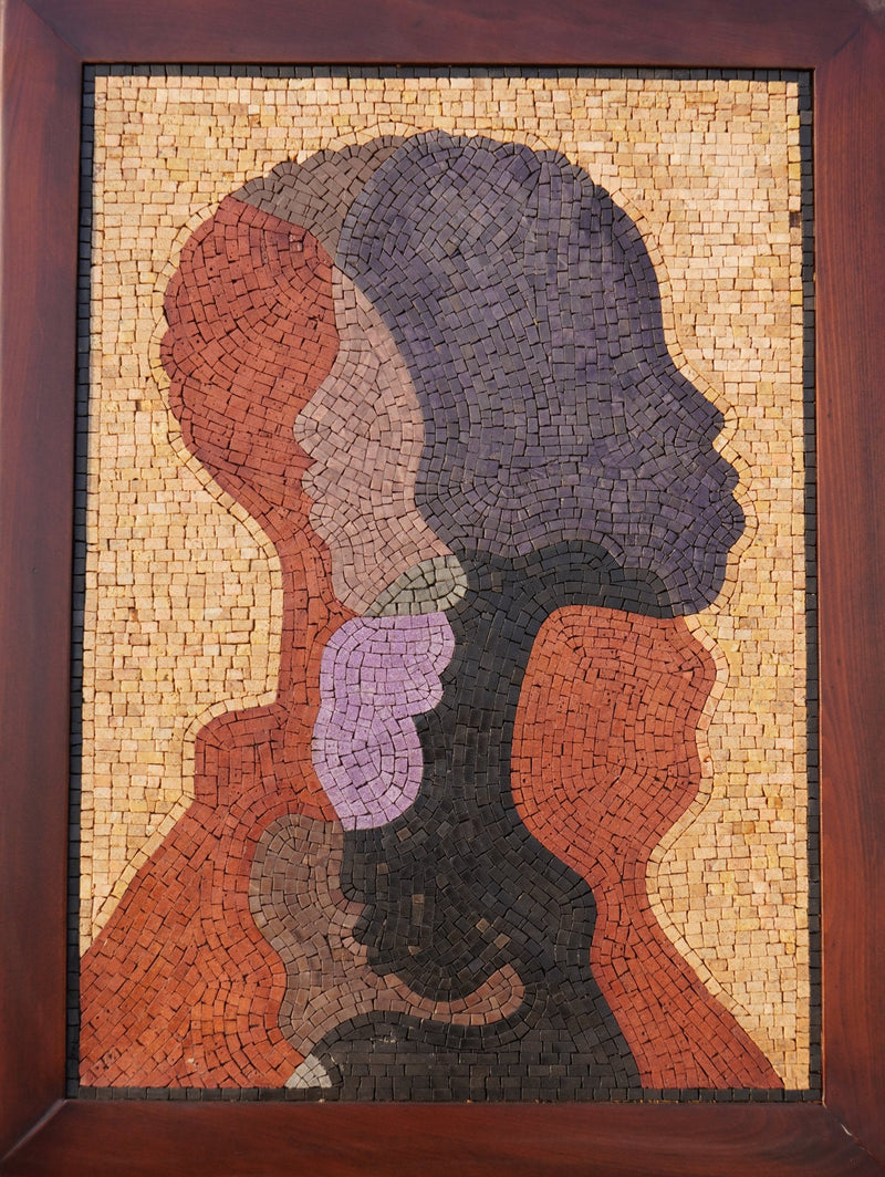 Intricate mosaic artwork depicting layered silhouettes in earthy tones — a captivating blend of texture and form.