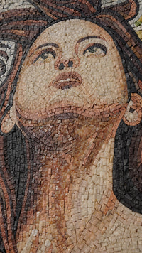 Intricate mosaic artwork depicting a woman with flowing hair, showcasing a blend of warm earth tones and textured tiles.