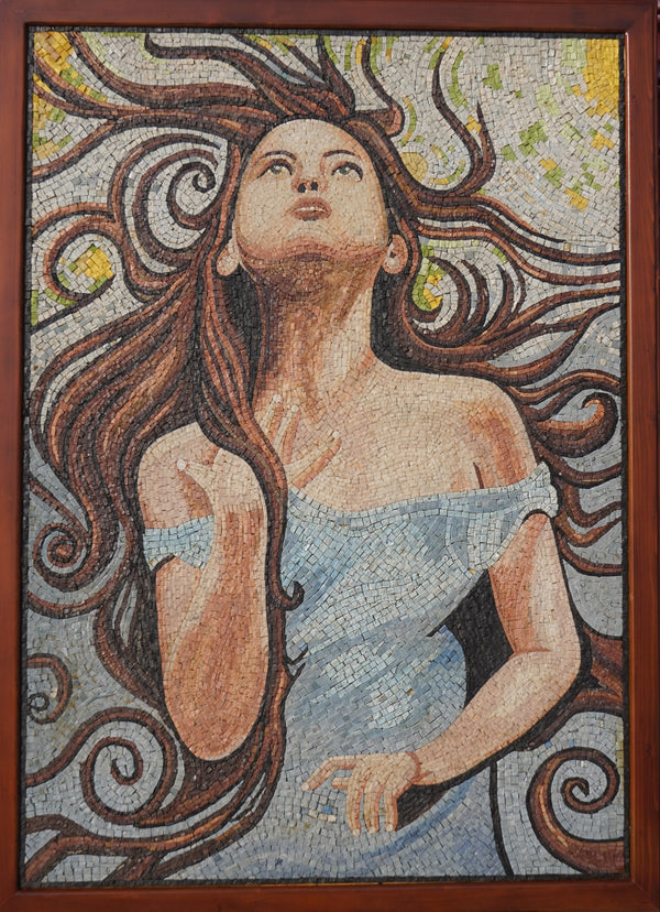 Intricate mosaic artwork featuring a woman with flowing hair in a soft blue dress, capturing a moment of serene contemplation.