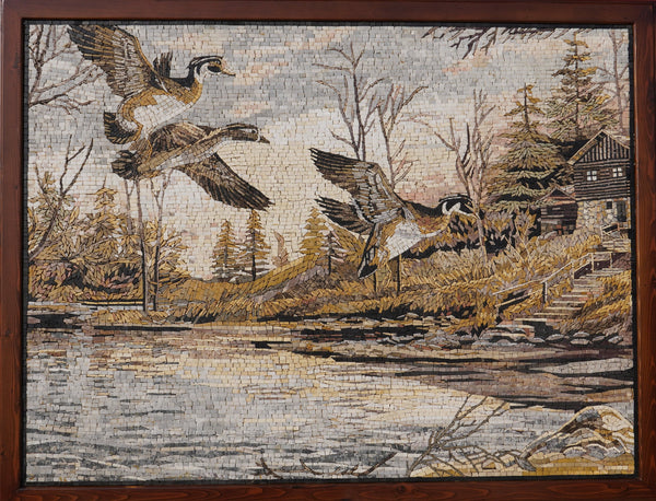 Intricate mosaic artwork depicting flying geese above a serene lake — crafted with detailed natural textures and earthy tones.