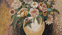 Vibrant floral mosaic art featuring a variety of flowers in a textured vase — intricate details and soft color transitions.