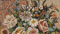 Vibrant floral mosaic artwork featuring intricate patterns and a variety of colors — showcasing detailed craftsmanship and texture
