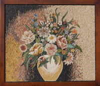 Intricate floral mosaic art piece in a wooden frame featuring a vibrant bouquet of colorful flowers.