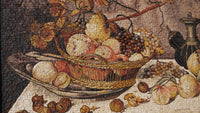 Intricate mosaic artwork depicting a woven basket filled with apples and grapes, showcasing rich earthy tones and textures.