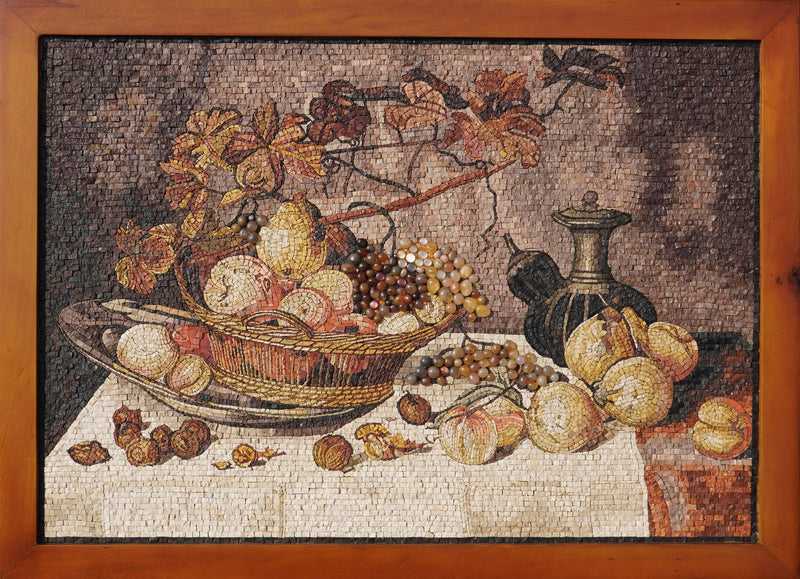 Intricate mosaic artwork depicting a still life of fruits in a woven basket with warm earthy tones and textured details
