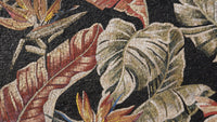 Vibrant mosaic art featuring intricate leaf designs in earthy tones and detailed textures that evoke a tropical ambiance