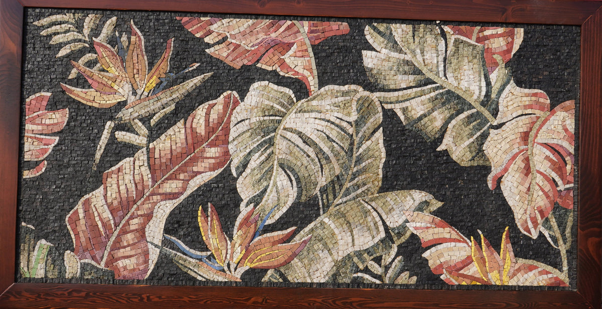 Intricate mosaic wall art featuring vibrant tropical leaves and flowers — a stunning blend of earthy tones and textures.