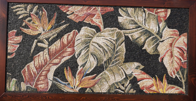 Intricate mosaic wall art featuring vibrant tropical leaves and flowers — a stunning blend of earthy tones and textures.
