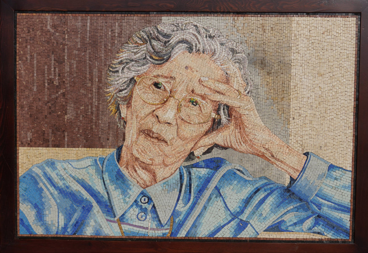 Intricate mosaic artwork depicting an elderly woman with gray hair, wearing a blue shirt and thoughtful expression.