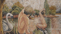 Intricate mosaic artwork featuring a serene lake scene with two figures and a swan — earthy tones create a tranquil atmosphere.