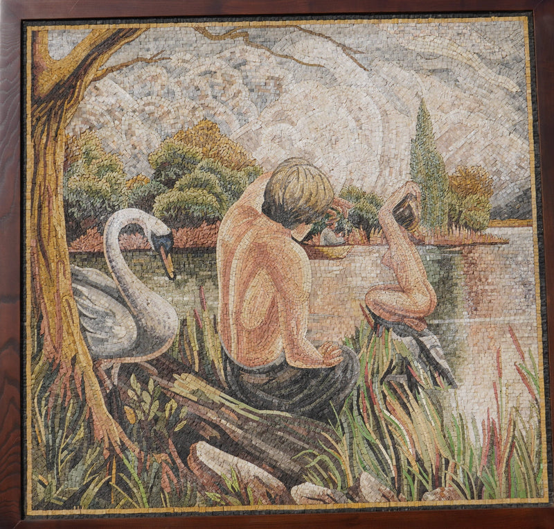 Intricate mosaic artwork depicting a boy by a serene lake, with a swan and lush greenery in warm earthy tones.