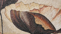 Intricate mosaic artwork featuring textured petals in earthy tones — a blend of dark brown and cream hues.
