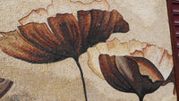 Intricate mosaic artwork featuring large brown and cream flowers with textured petals against a neutral background