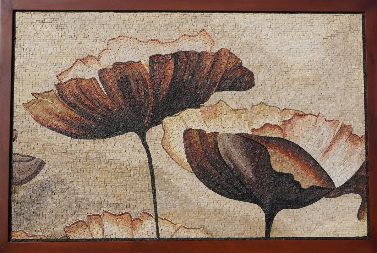 Intricate mosaic art featuring large brown and cream flowers — a textured wall decor piece with a natural aesthetic