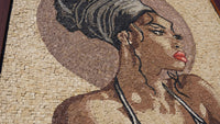 Intricate mosaic art featuring a woman with a striking expression and textured hair, crafted from natural stone pieces.