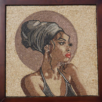 Intricate mosaic art featuring a woman with a stylish updo and bold red lips set against a textured beige background