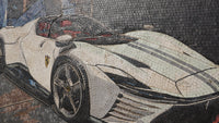 Sleek white Ferrari mosaic art featuring intricate tile detailing — showcasing a modern supercar design with bold lines.