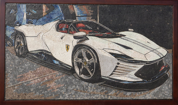 Intricate mosaic artwork featuring a white Ferrari sports car with detailed textures and striking red accents